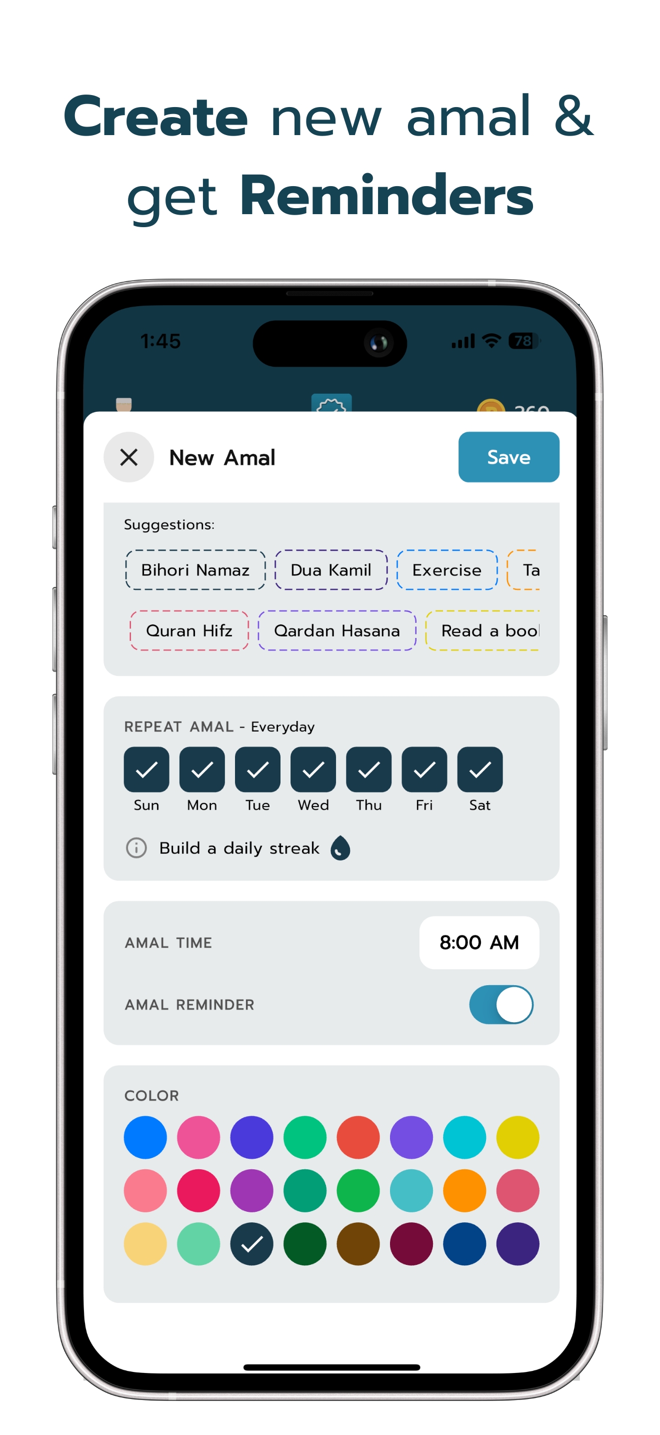 My Deen App Screenshot: Amal Tracking Dashboard My Deen App Screenshot 1 - Amal Tracking Dashboard